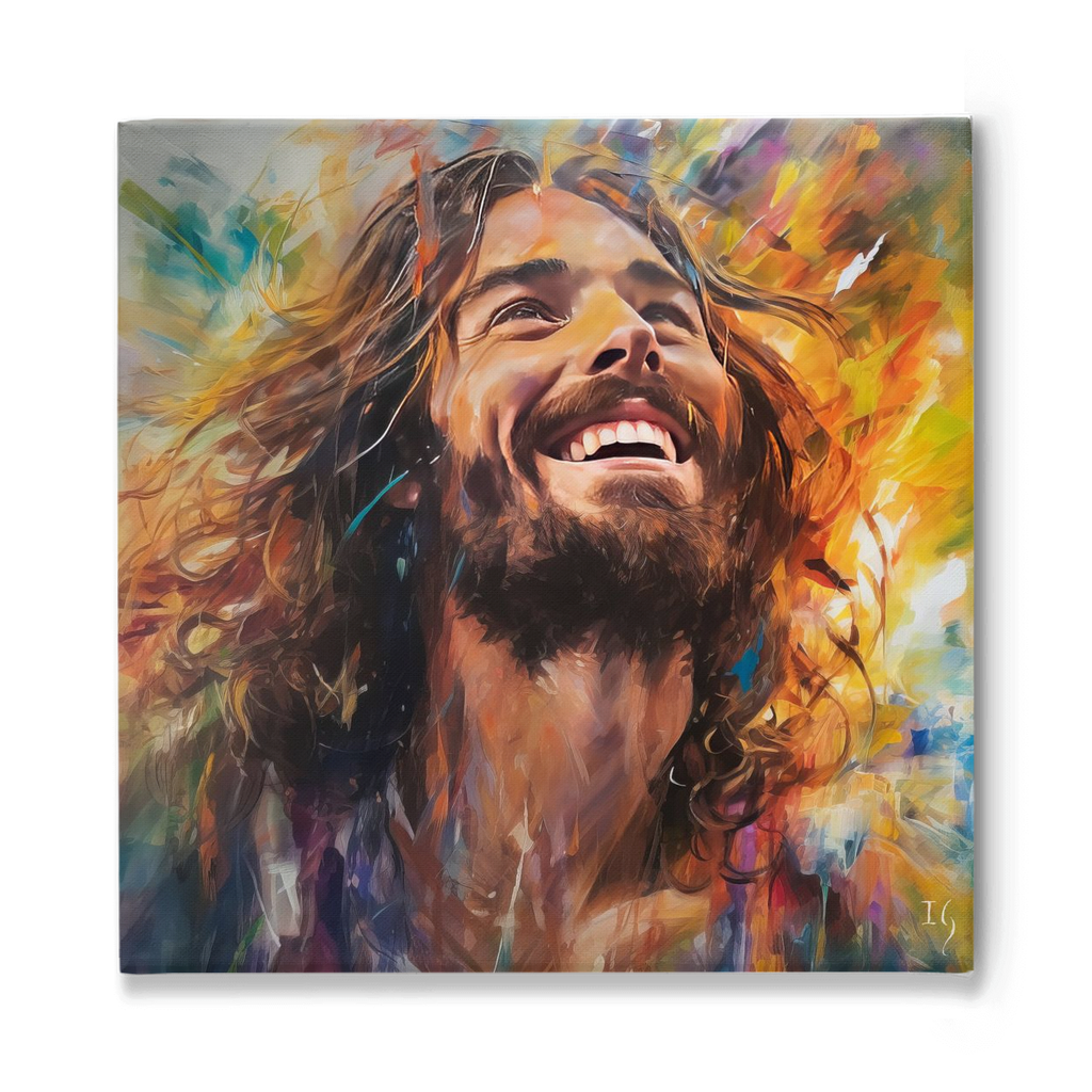 Jesus Harmony of Hue and Heartbeat - Exuberant artwork of a bearded man with long wavy hair, looking upwards with a radiant smile, amid a whirlwind of multicolored brushstrokes showcasing deep emotions.