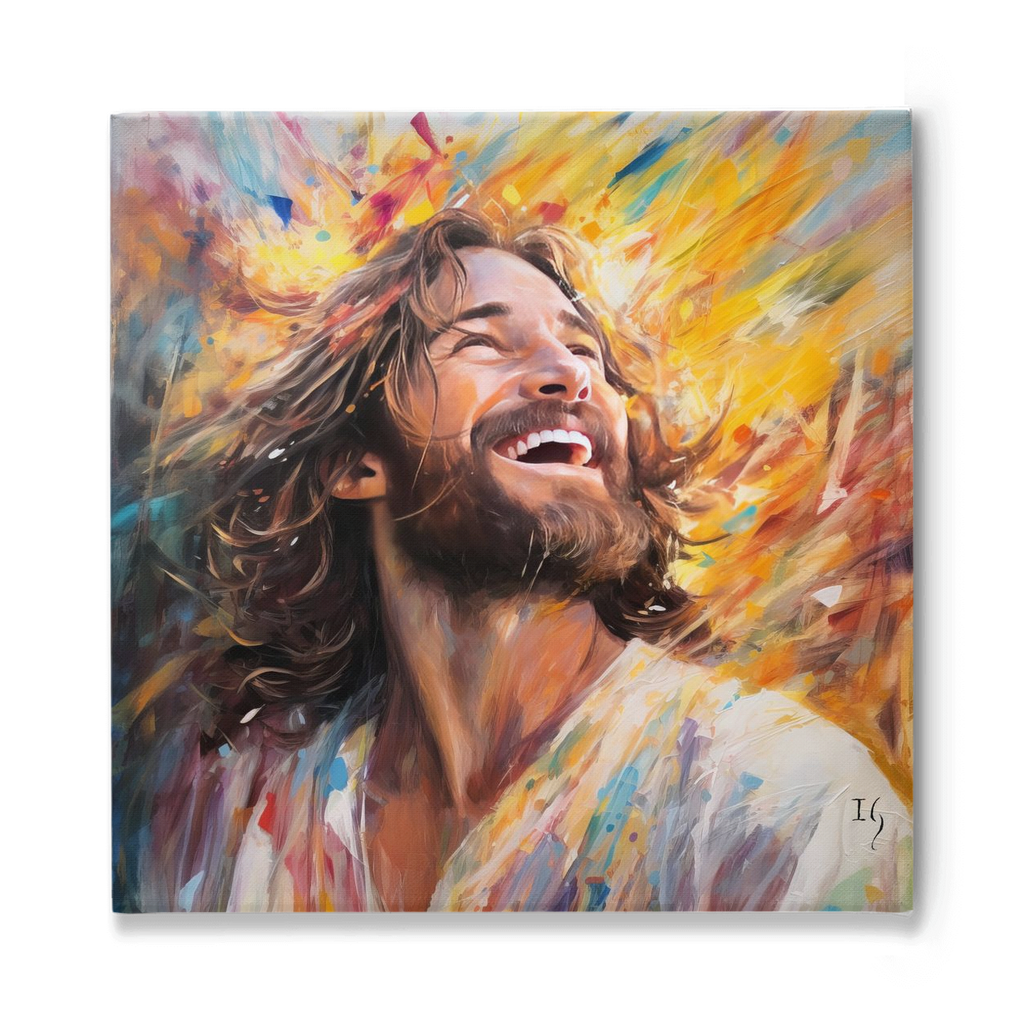 Jesus - Euphoria in Divine Radiance - Joyful portrayal of a man looking up, surrounded by an explosion of colors that emulate a sunburst effect. A perfect piece for contemporary art lovers aiming to brighten up a room.