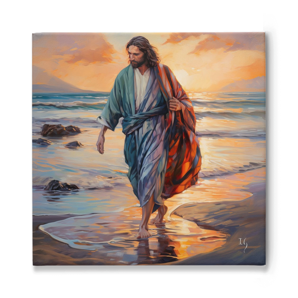 Footprints of Faith - Serene painting showcasing a contemplative figure in vibrant robes, walking along a tranquil beach with golden sunlit skies overhead and reflective waters underfoot.