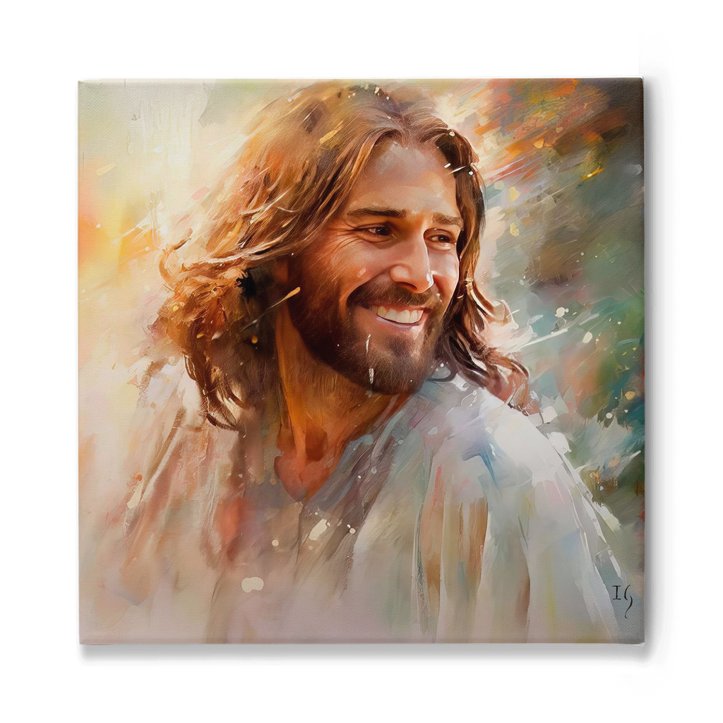 Jesus Dawn's Gentle Embrace - Poignant portrait of a man with long hair and a beard, immersed in the midst of a gentle sunlight, reflecting moments of deep reflection and peace.