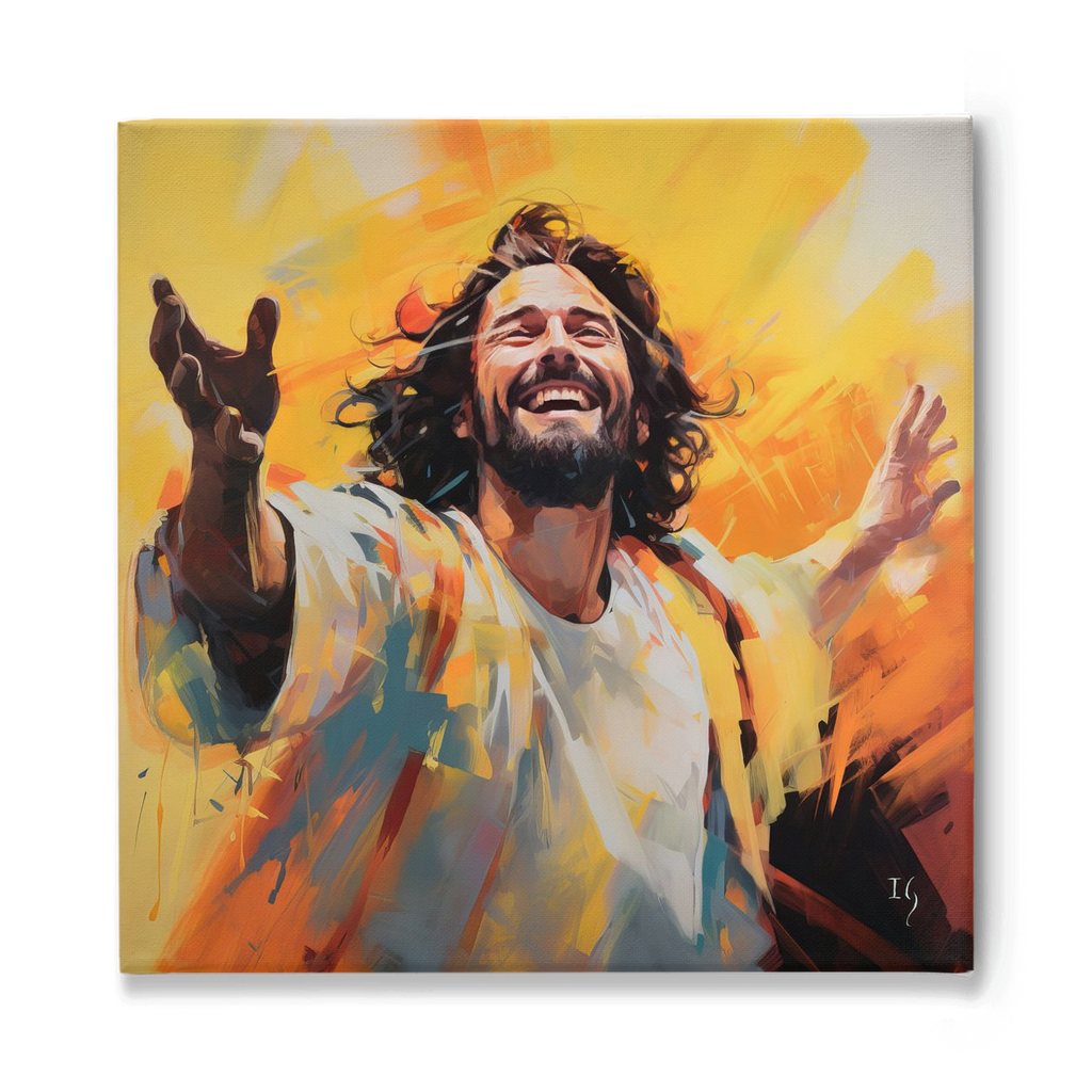 Painting of Jesus smiling joyfully with vibrant colors