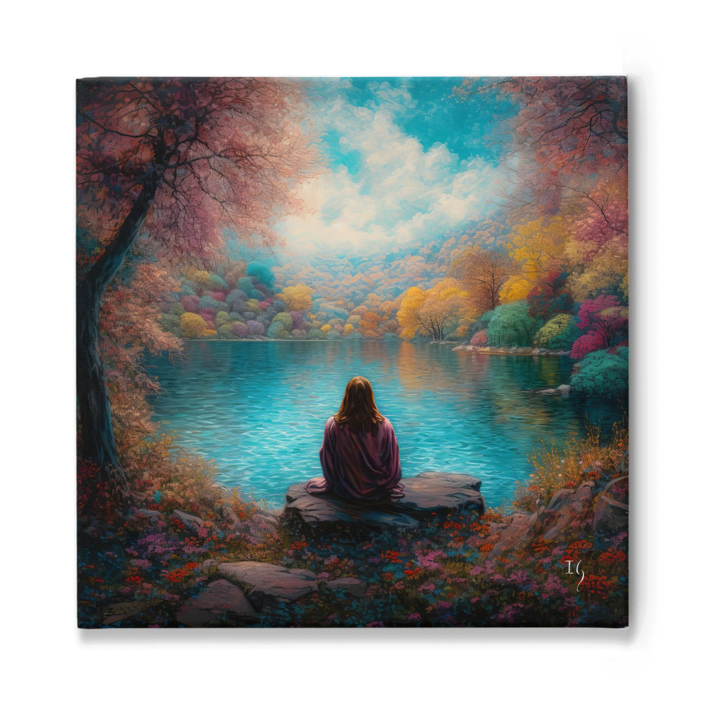 Jesus; Tranquility Embodied on Water - Dreamy landscape painting showcasing a lone figure seated on a rock by a serene lake, enveloped by a vividly colored forest and a sky bursting with pastel clouds.