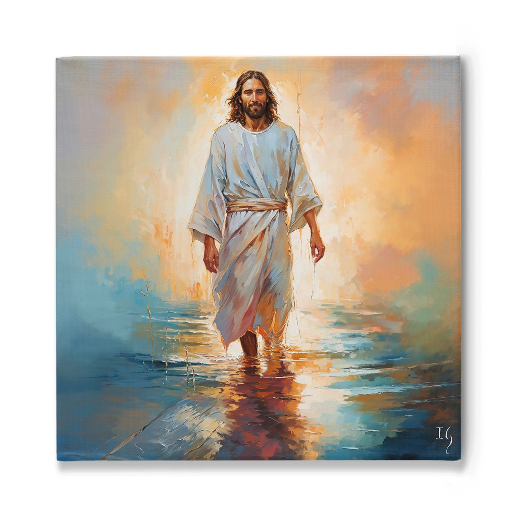 Inspirational wall art of Jesus performing the water-walking miracle, set against a backdrop of a sunset palette