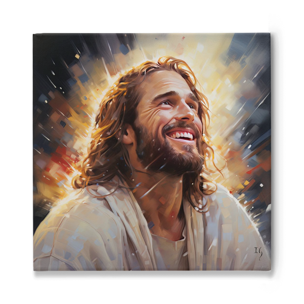 Jesus - Radiant Embrace - Inspirational portrait of a man with a radiant smile, illuminated by a shimmering cascade of light. The painting reflects a moment of profound gratitude and joy.