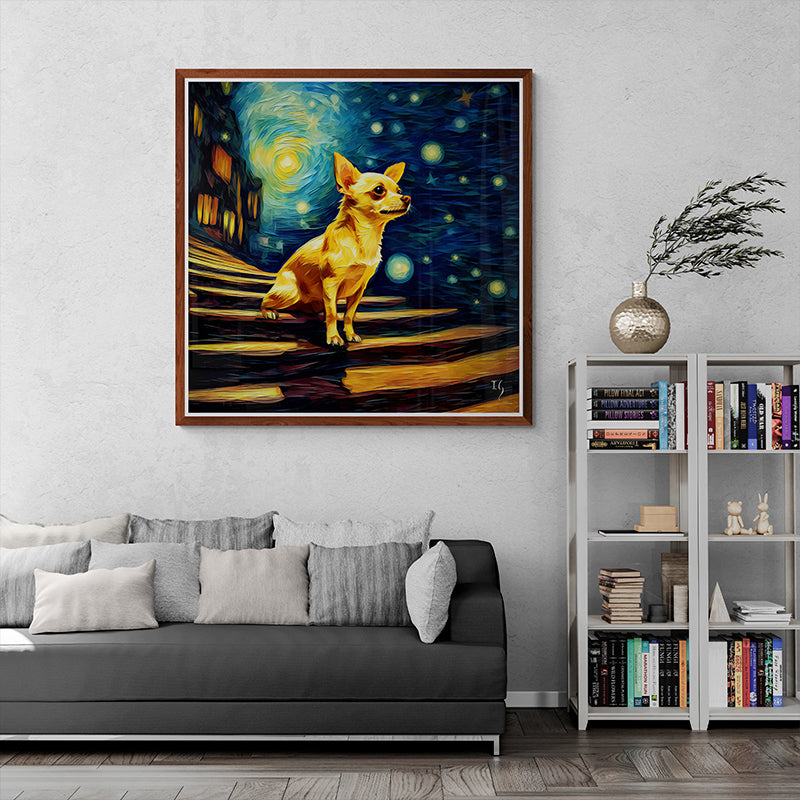 Artistic Chihuahua under a swirling starry night, reminiscent of Van Gogh.