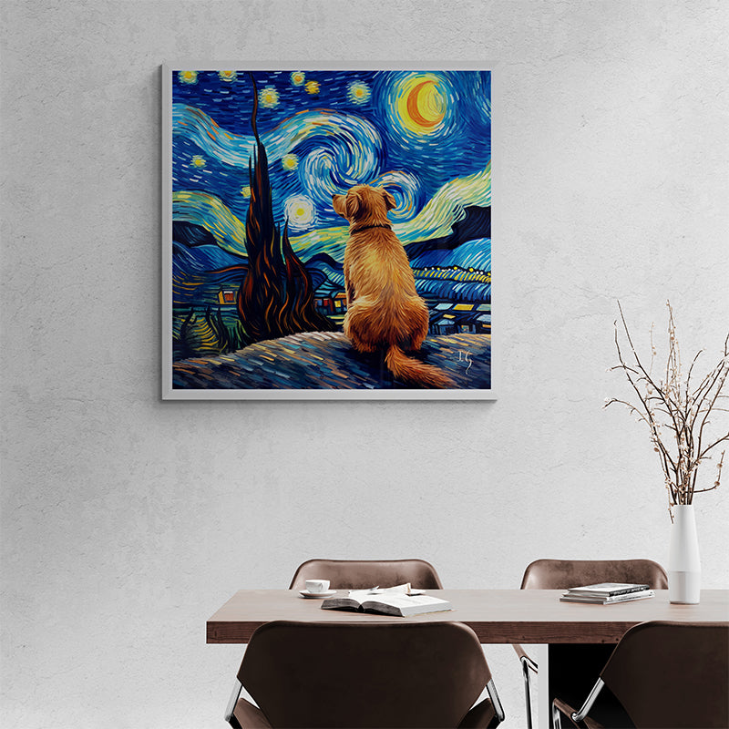 Custom pet portrait of a dog under a starry night, displayed in a contemporary setting