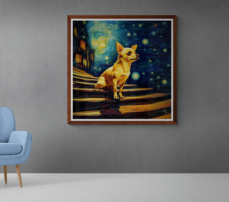 Golden Chihuahua illuminated by a Van Gogh style starry night painting.