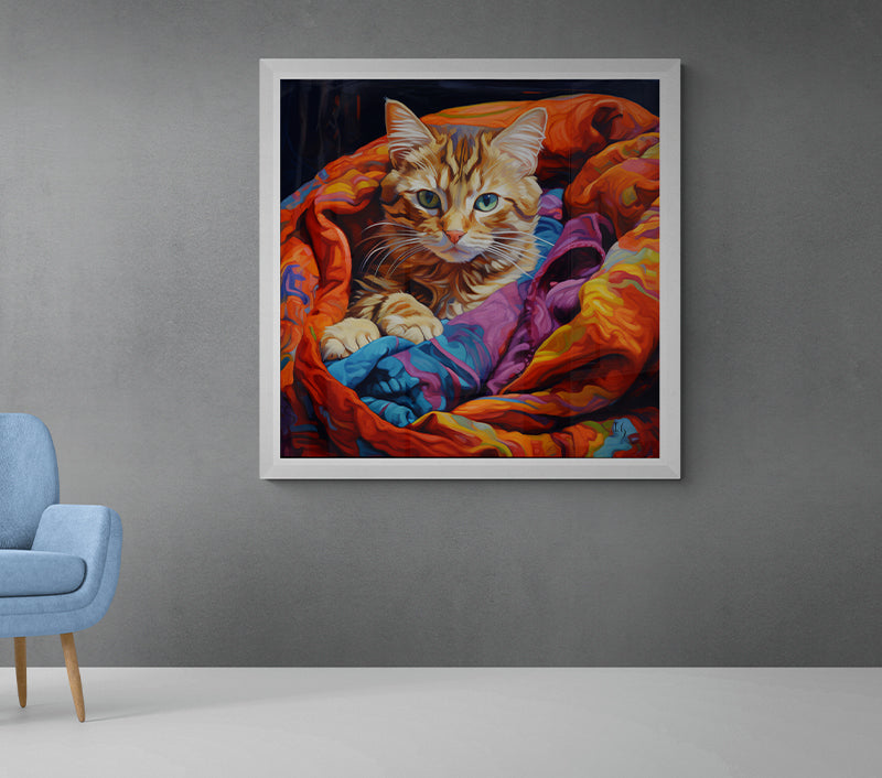 Modern room with framed pet portrait of tabby cat nestled in colorful quilt