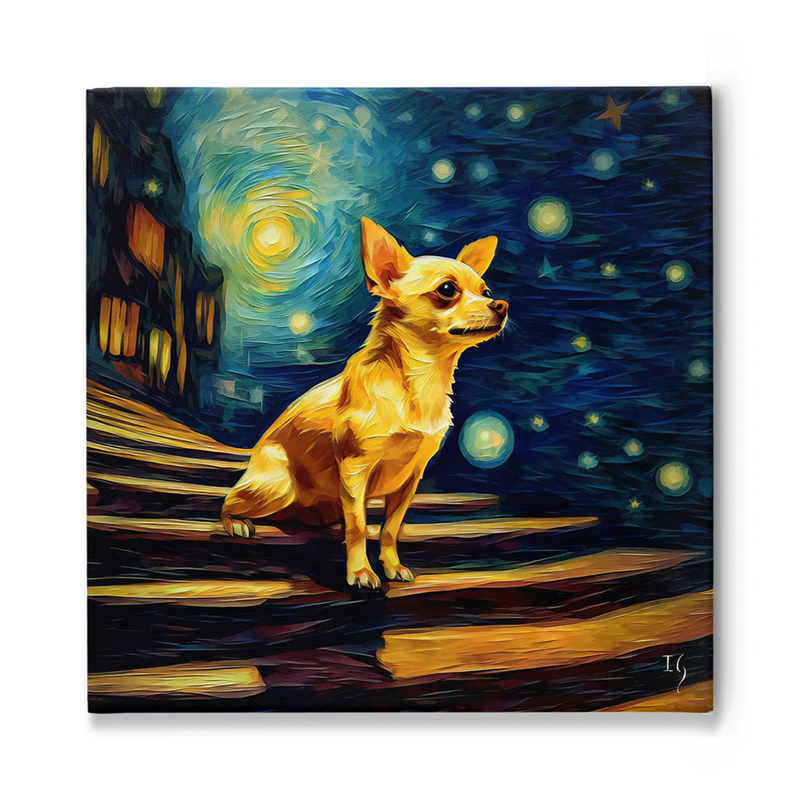 Chihuahua under starry night sky, Van Gogh inspired.