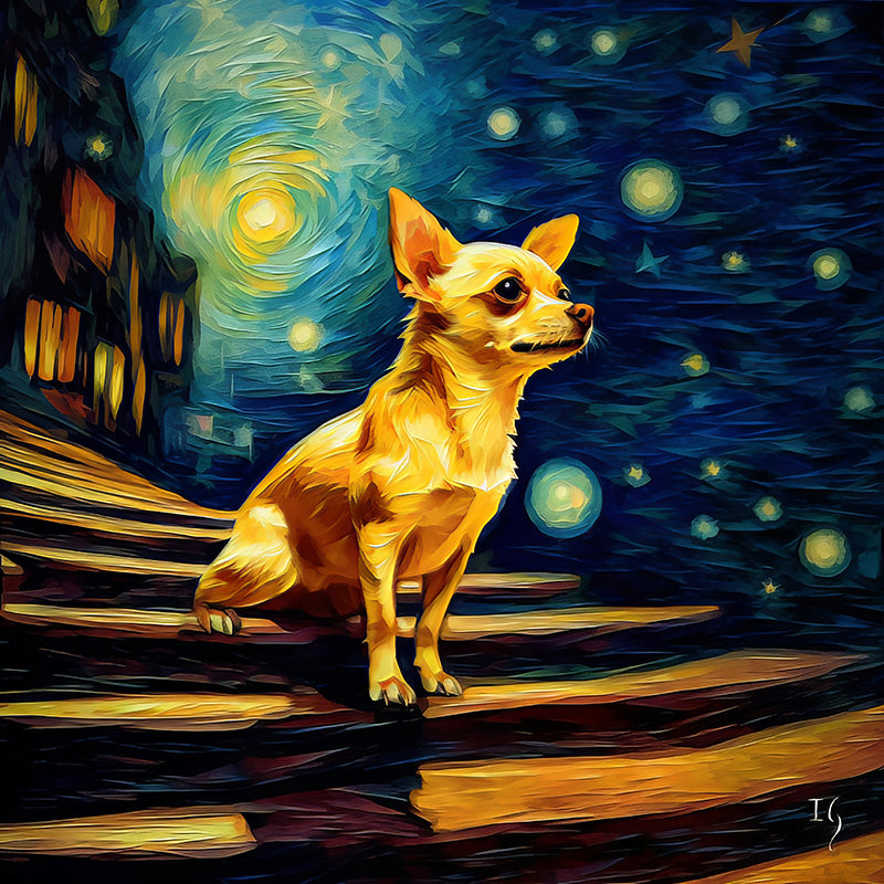 Chihuahua under vibrant starry night, evoking Van Gogh's celestial scene.