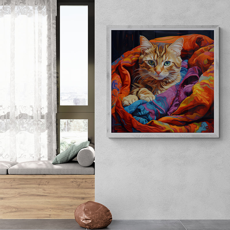 Framed whimsical cat art: Tabby cat wrapped in colorful blanket in modern room