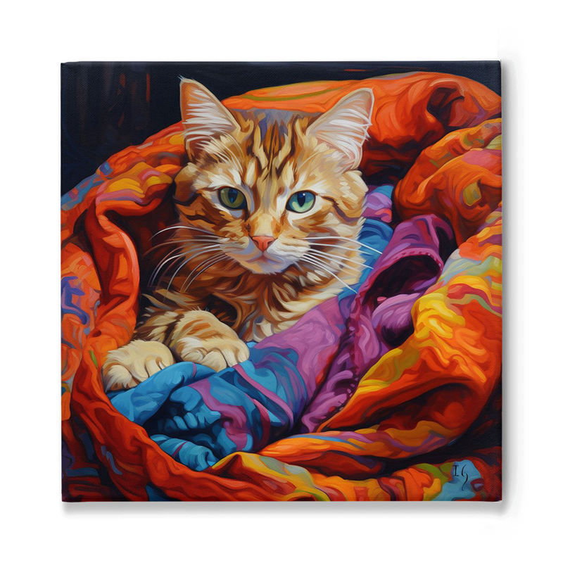 Pet portrait: Tabby cat nestled in a multicolored blanket