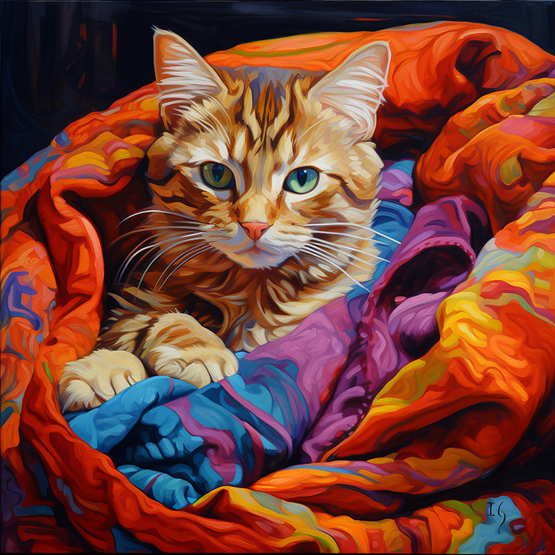 Pet portrait of a tabby cat cozy in a bright, colorful blanket