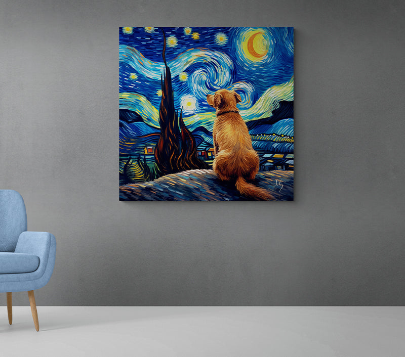 Golden Retriever under a starry night sky in a modern framed art piece