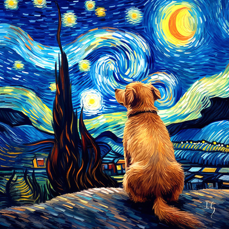 Dog stargazing in a Van Gogh-inspired starry night painting