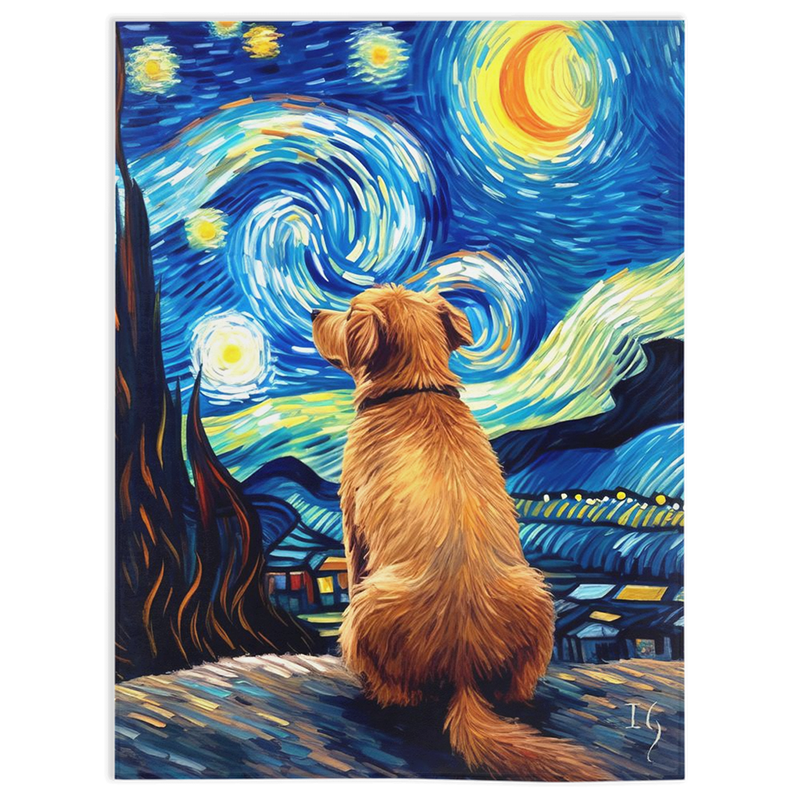 Enchanting dog painting with a celestial theme - A Story of Stars and Night Winds