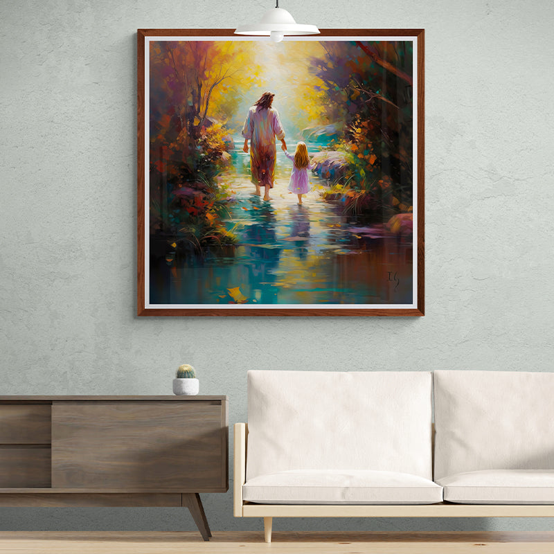 Framed painting of Jesus holding hands with a little girl walking through a vibrant autumn forest stream.