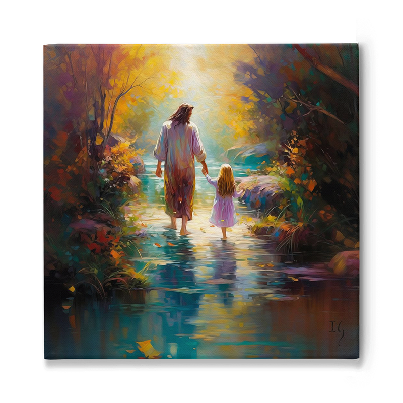 Jesus holding hands with a little girl walking through a serene forest stream.