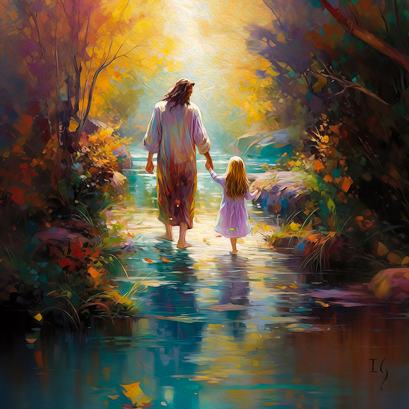 Painting of Jesus guiding a child along a peaceful, colorful stream.