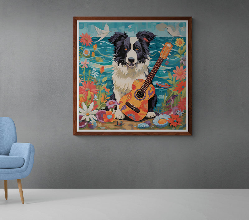Whimsical painting of a Border Collie holding a guitar