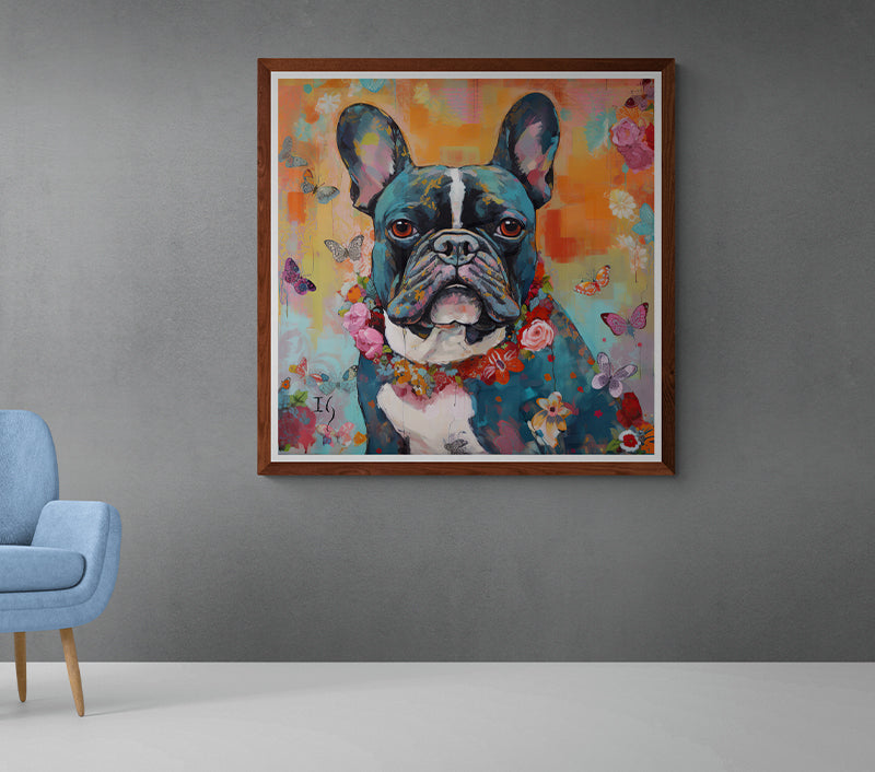 French Bulldog with flowers and butterflies, custom dog portrait painting