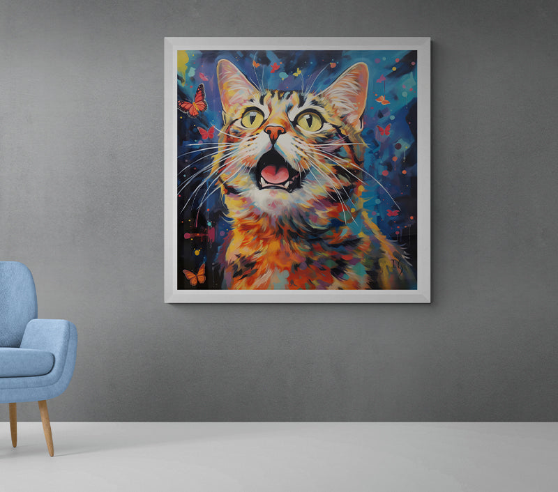 Artistic cat portrait with butterflies, custom pet painting on display