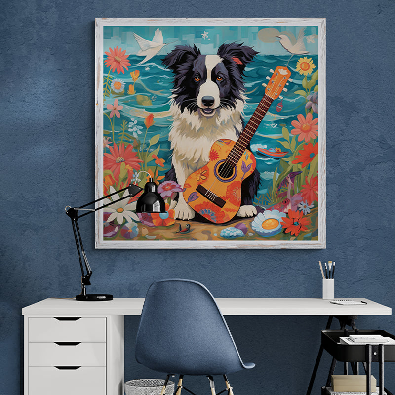 Custom pet portrait of Border Collie with guitar on beach with flowers