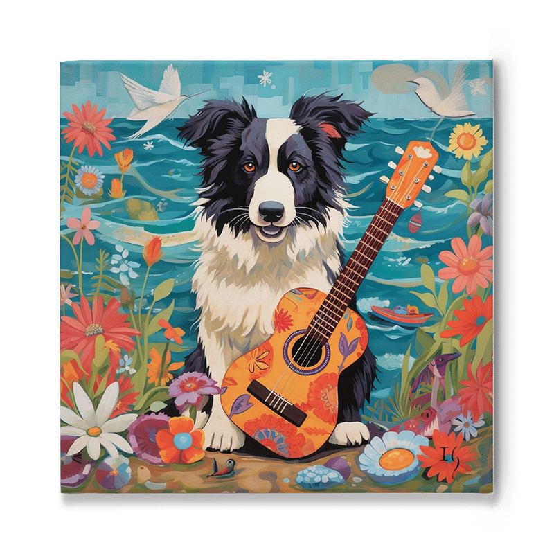 Vibrant Border Collie with a guitar in a whimsical beach-themed animal painting