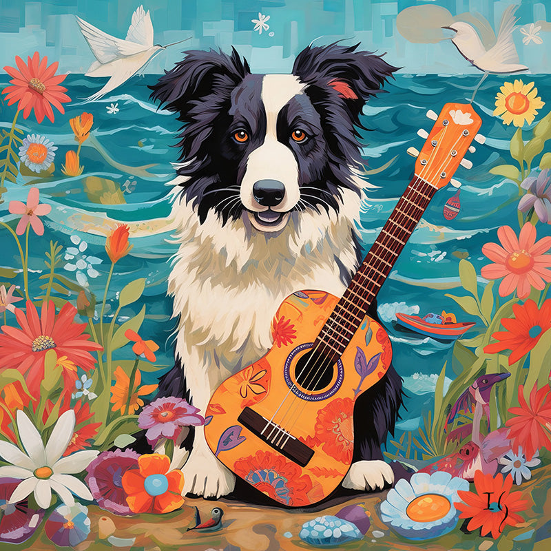 Border Collie with guitar surrounded by flowers and the sea