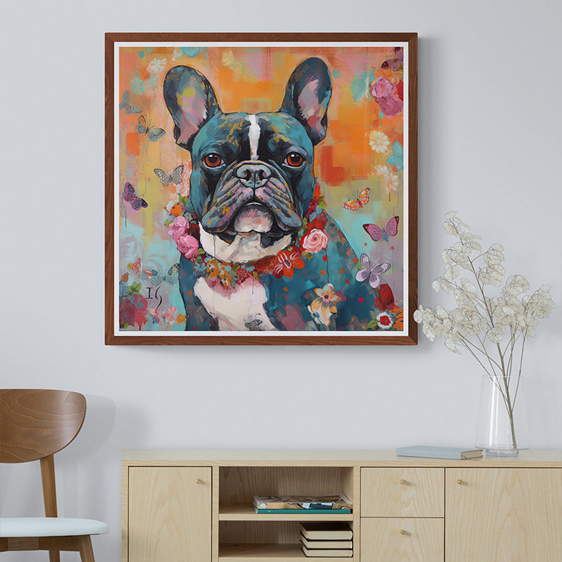 Custom pet portrait painting of a French Bulldog in a floral setting
