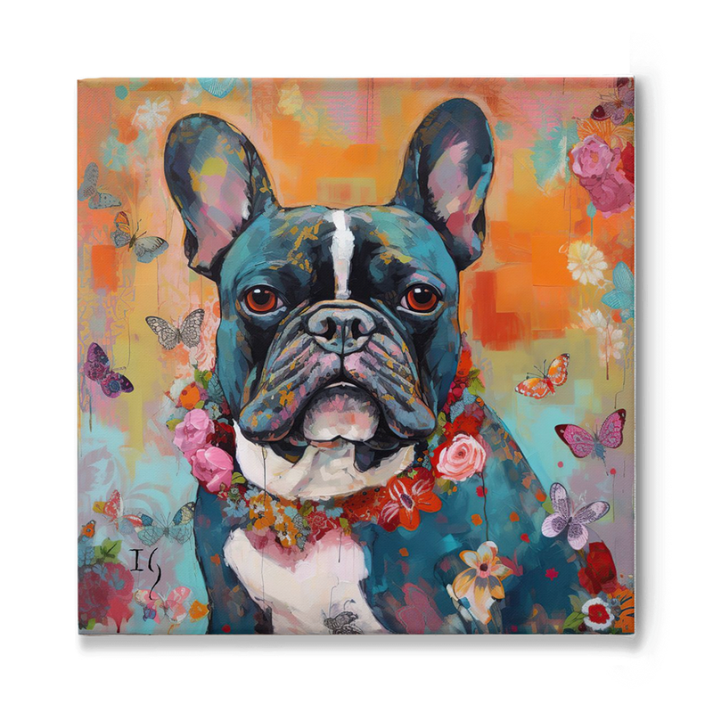 Colorful animal painting featuring a French Bulldog adorned with flowers and butterflies