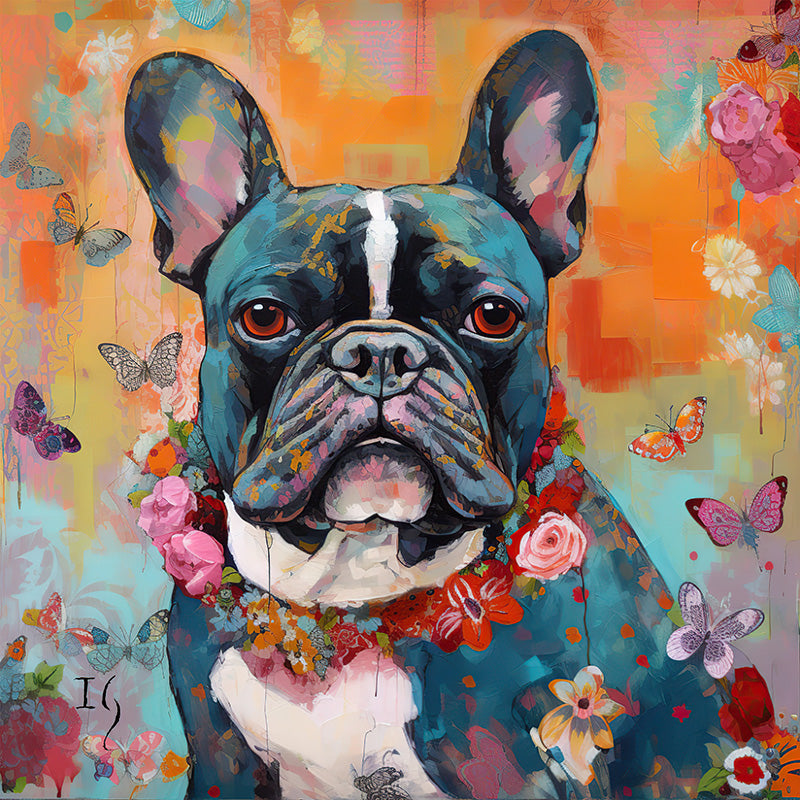 Whimsical pet art of a French Bulldog with flowers and butterflies