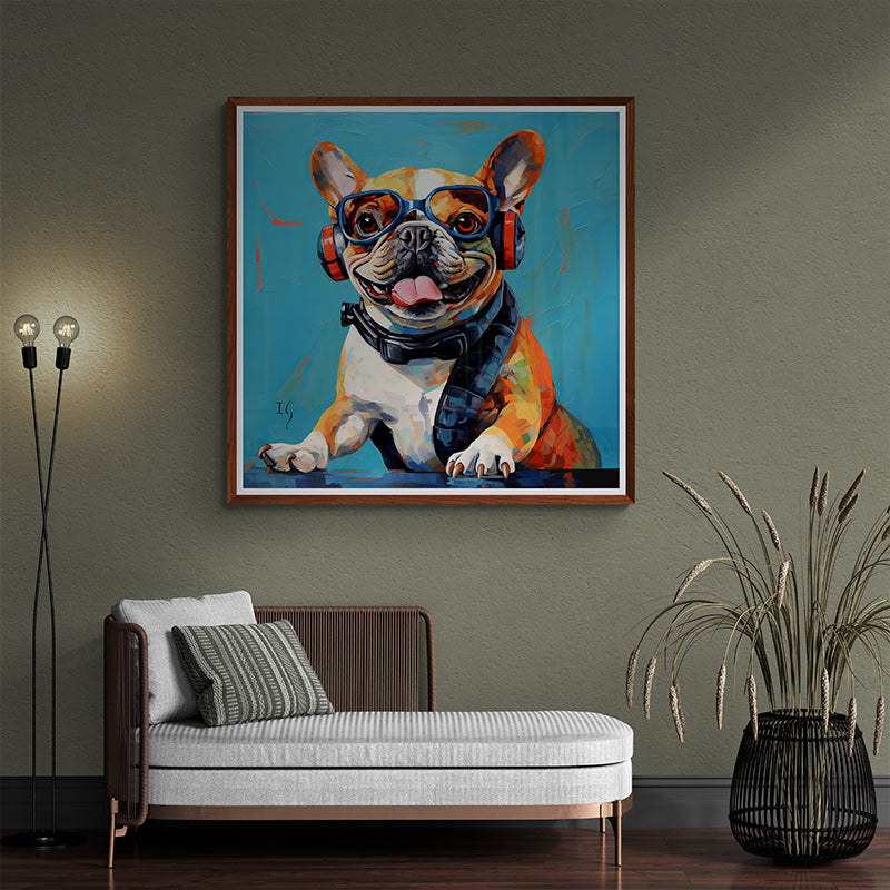 Colorful French bulldog enjoying music with happy pet vibes.