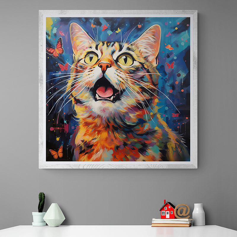 Whimsical cat portrait painting with colorful butterflies, custom pet art