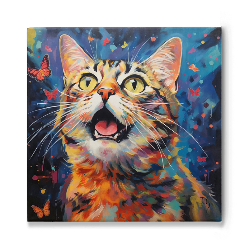 Vibrant cat portrait painting with colorful butterflies, whimsical pet art