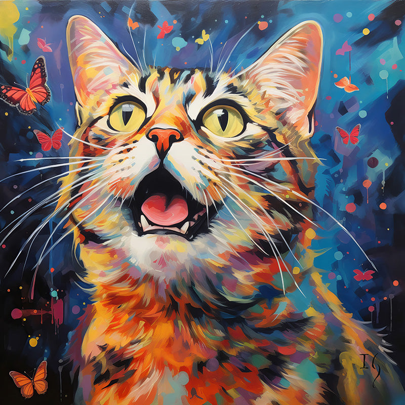 Custom cat portrait with butterflies, colorful pet art