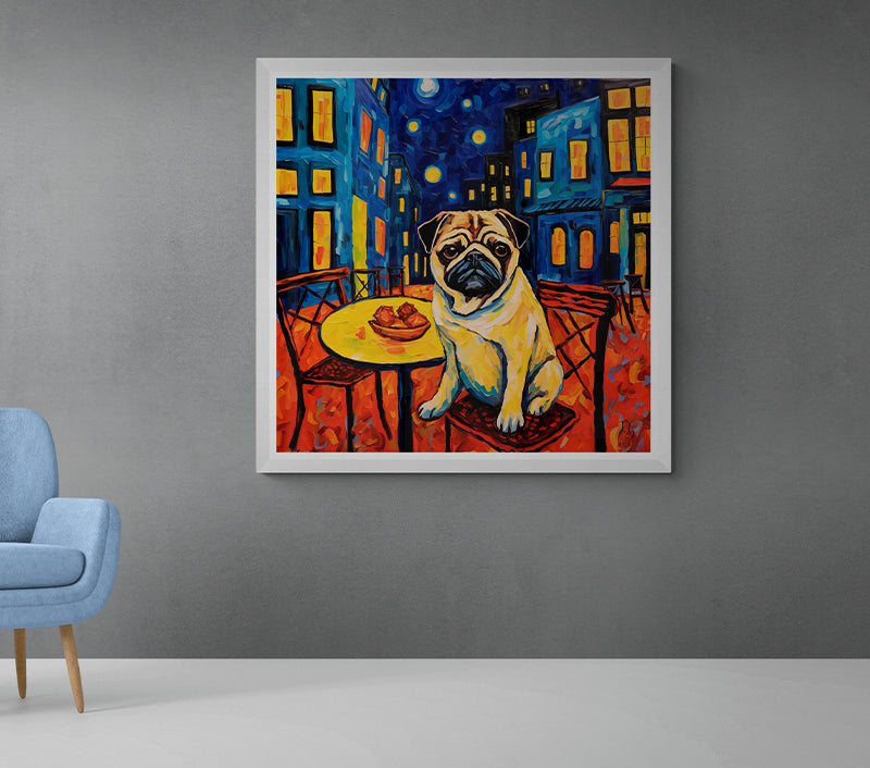 Colorful café scene with a playful pug sitting at a table.