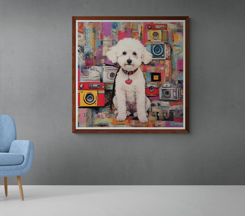 Custom pet art: white dog with colorful vintage cameras