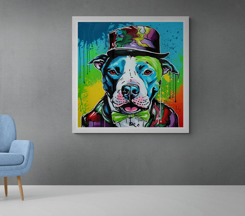 Framed vibrant pitbull portrait with top hat and bow tie in modern living room