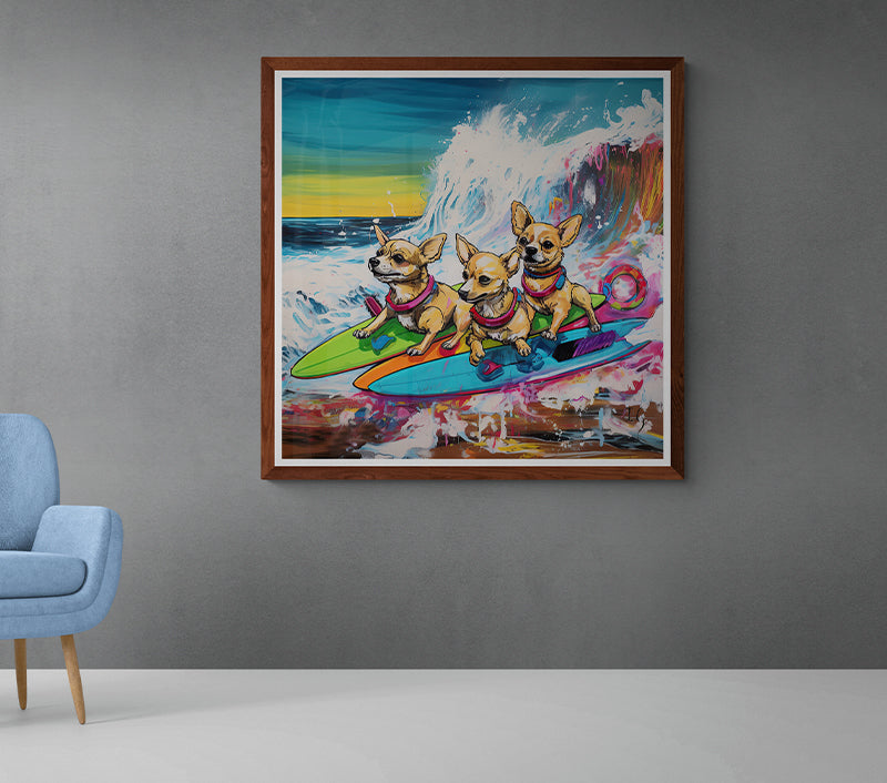Artistic portrayal of a trio of adventurous Chihuahuas, decked out in colorful collars, skillfully surfing on a brightly-hued board amidst crashing waves and a picturesque sunset horizon.
