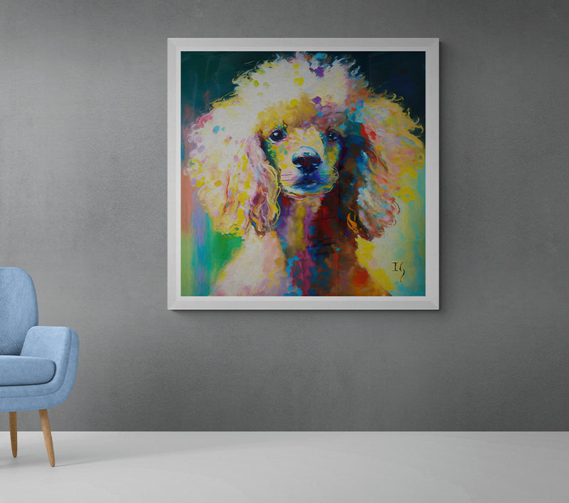 Artistic representation of a poodle characterized by a riot of colors, capturing its gentle gaze and intricate fur texture amidst a rainbow-hued palette.