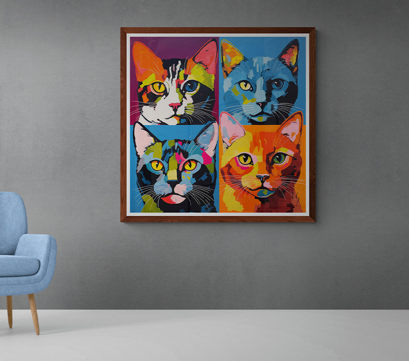 Quadrant of brightly colored cat portraits hanging on a wall