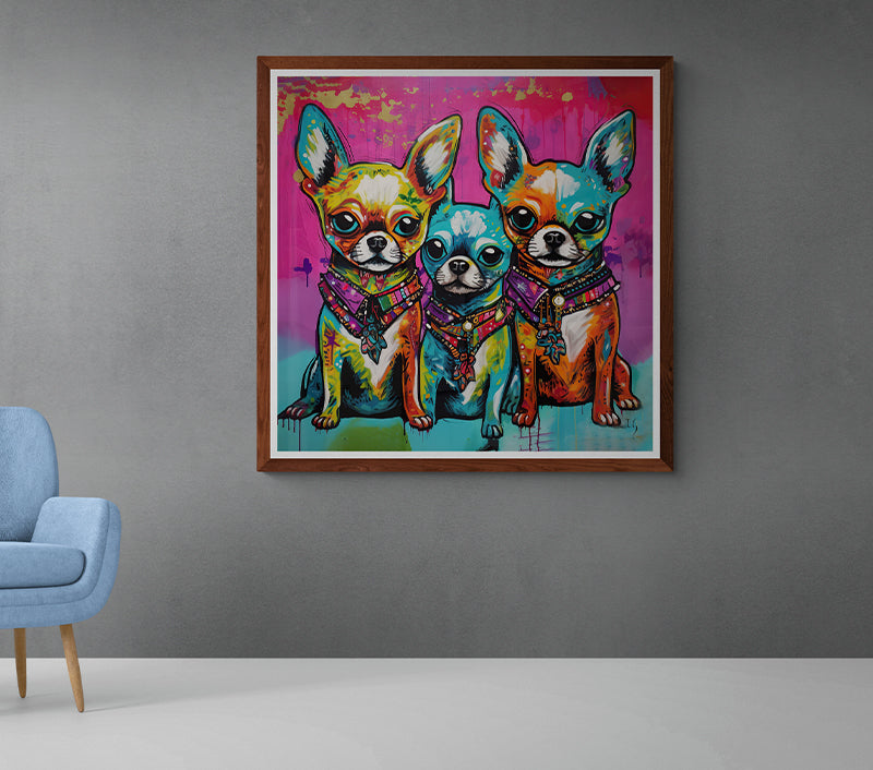 Colorful artwork of three French Bulldogs with expressive faces, showcasing a modern art style, their bodies decorated in vivid hues of orange, blue, and green, complemented by intricate jeweled collars.