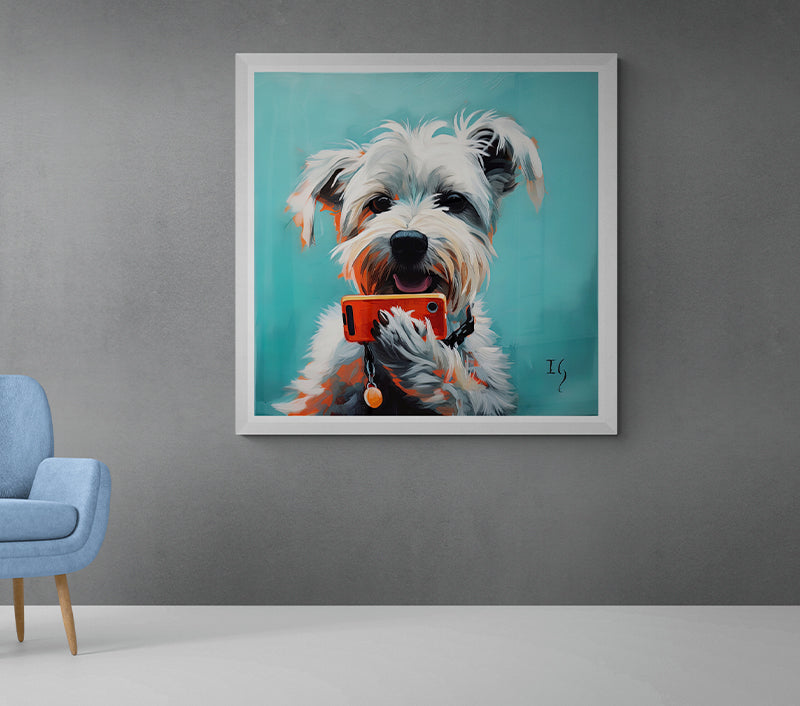 Cute dog with a phone, modern art in a minimalist room
