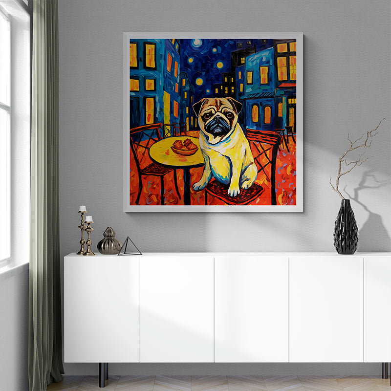Playful pug in a colorful café setting at night.