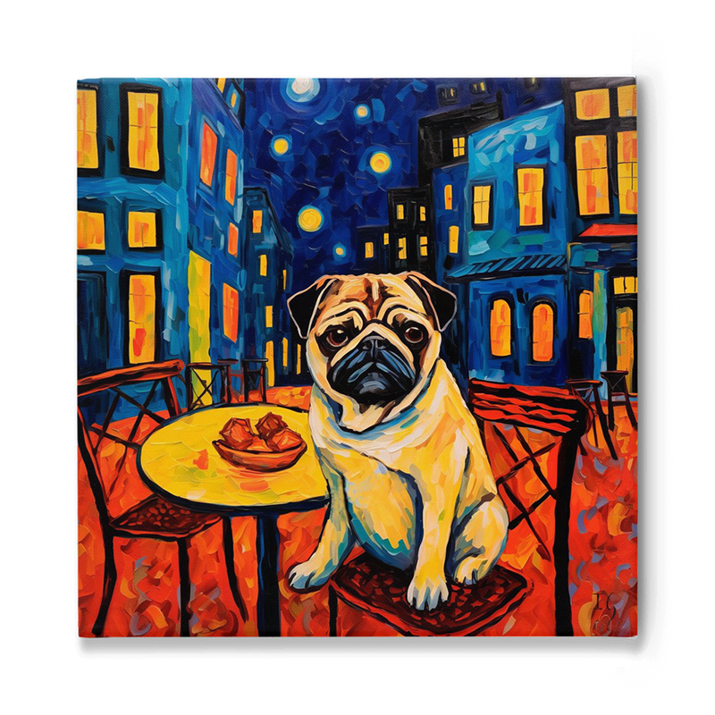 Happy pets: pug at a colorful outdoor café at night.