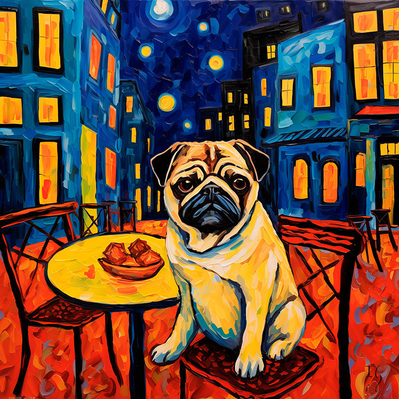 Colorful café scene with a playful pug enjoying the night.