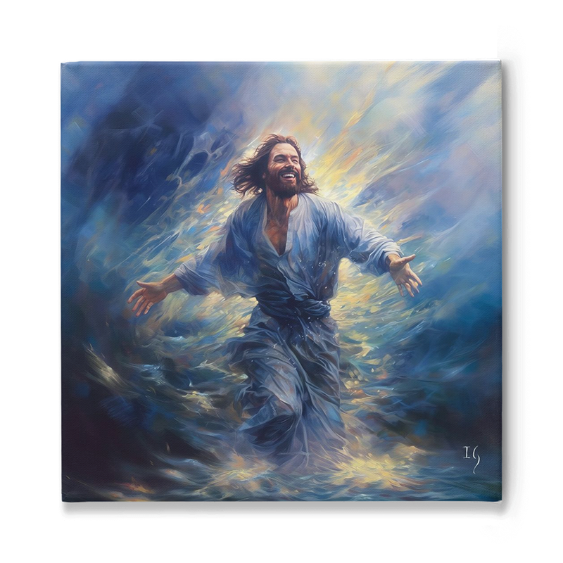 Painting of Jesus joyfully walking on water, surrounded by swirling waves and light.