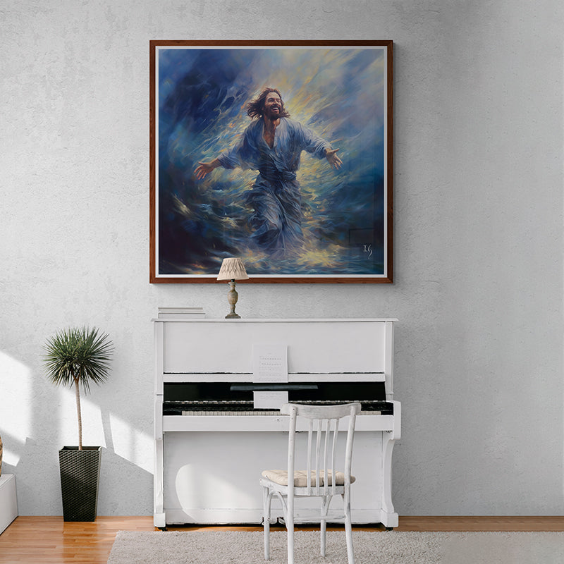 Painting of Jesus joyfully walking on water, displayed above a white piano in a bright room.