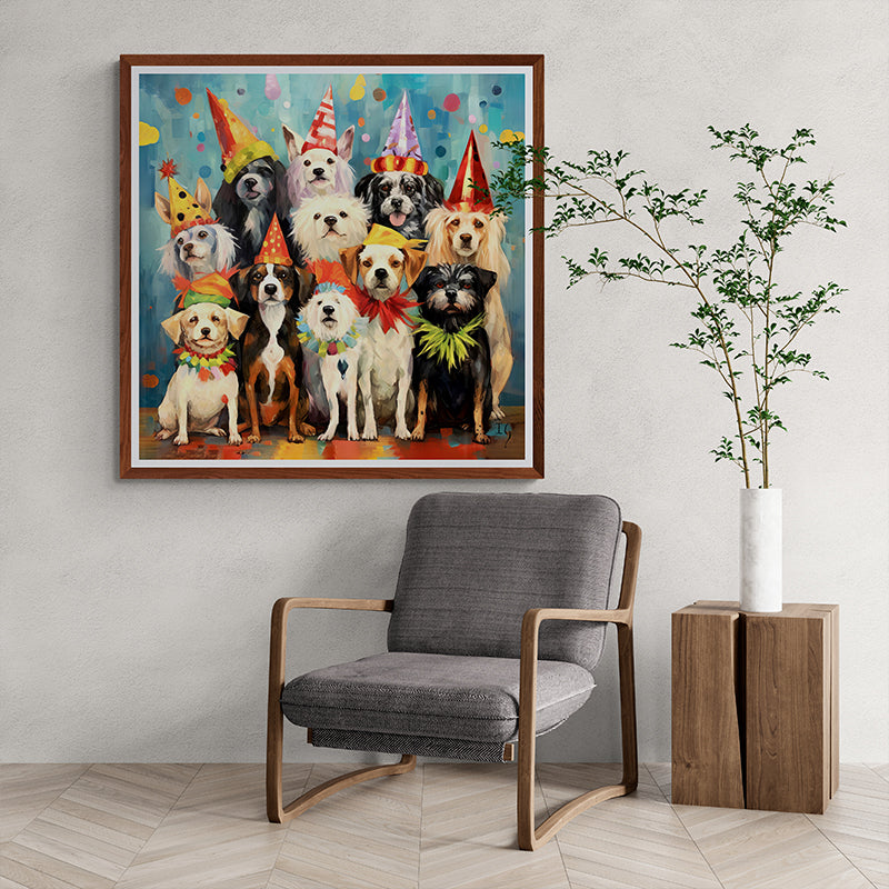Animal paradise scene with happy pets in festive hats.